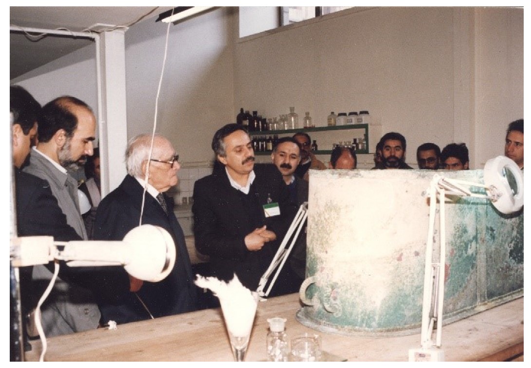 Fig 7. Official opening of the Central Research Laboratory in presence of Professor Mahmood Hesabi, late Dr. Baqer Ayatollahzadeh Shirazi, Mr. Iraj Hesabi and some of the employees and managers of Cultural Heritage Organization and Central Research Laboratory.